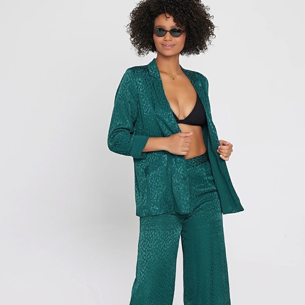 L*Space Green Bennytt Viscose Blazer Ultramarine Emerald Green Leopard Print 6 - Picture 4 of 13